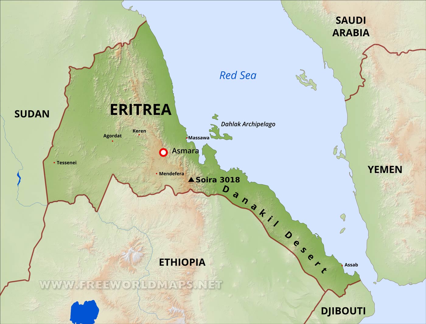 Mapa que ubica a Etiopía y Eritrea, y el Mar Rojo.