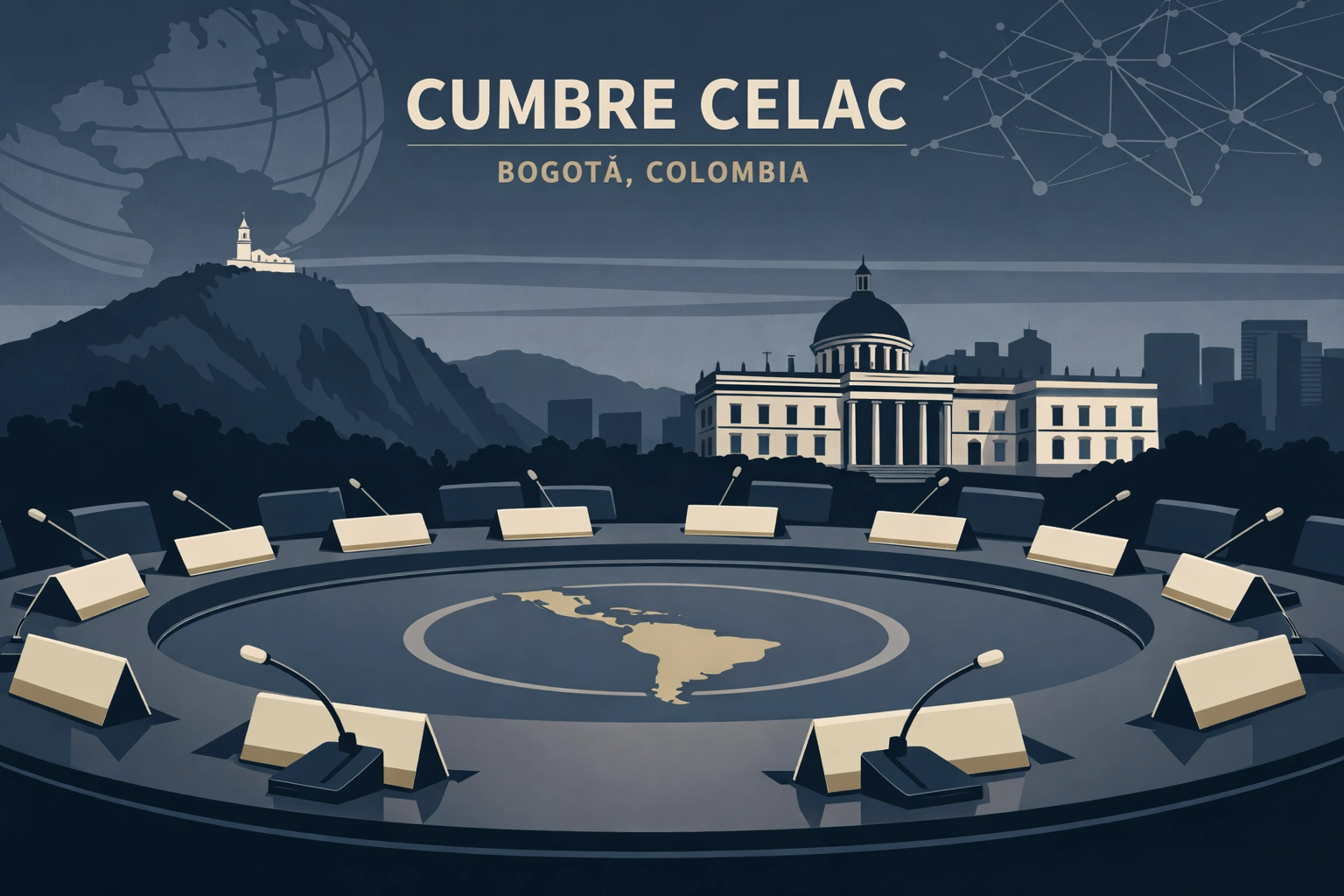 Imagen que simboliza la reunión de la CELAC en Bogotá, Colombia. Una mesa circular en primer plano simboliza la igualdad y el diálogo entre las naciones participantes.