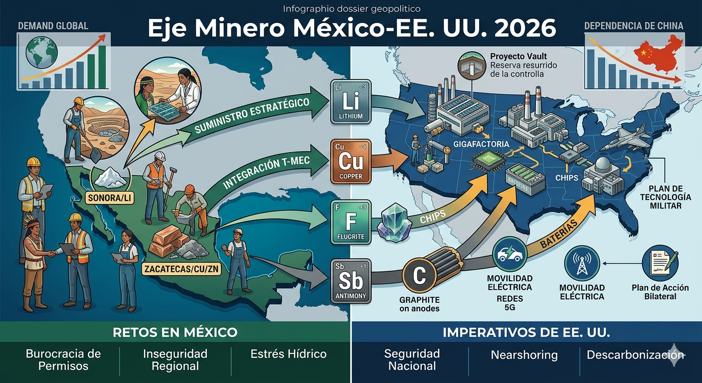 Integración Tecnológica y Minera: Muestra la fusión de la alta tecnología de EE. UU. (chips y baterías) con los recursos de México, representados por un trabajador minero y un ingeniero de datos.