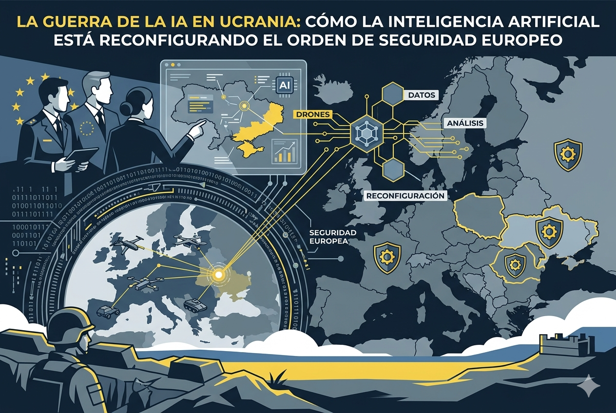Ilustración vectorial sobre la guerra de IA en Ucrania y la reconfiguración de la seguridad en Europa, mostrando drones, análisis de datos y mapas estratégicos.