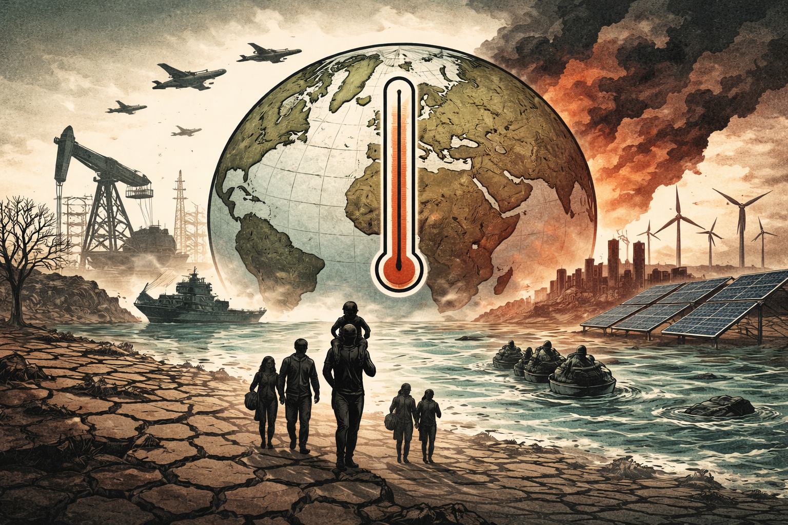 La imagen presenta a una familia abandonando un lugar desértico agrietado, se observa al planeta Tierra como fondo y un termómetro que simbolizan el aumento de la temperatura global y el agotamiento de los recursos naturales.