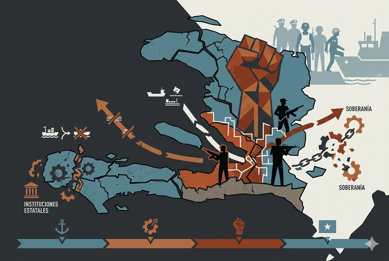 la imagen muestra con siluetas de grupos armados como la delincuencia organizada tiene el control de Haití.