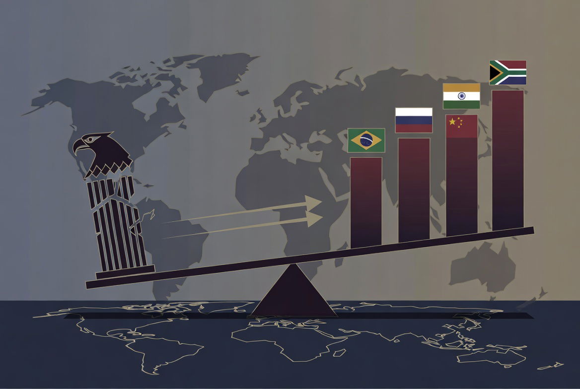 En un extremo de una balanza, el águila estadunidense parece pesar más contra el grupo BRICS. Al fondo un planisferio.
