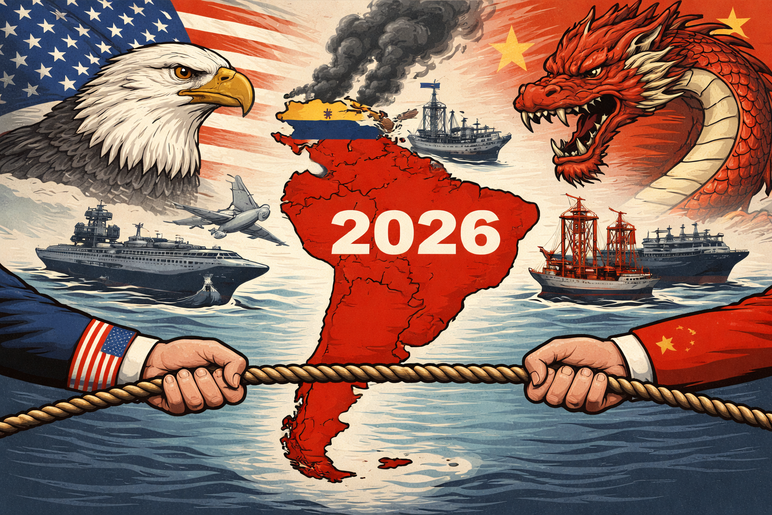 En la imagen; el águila norteamericana y el dragón chino se disputan la influencia por América Latina, tiran de una soga. El mapa de Sudamérica aparece como fondo.