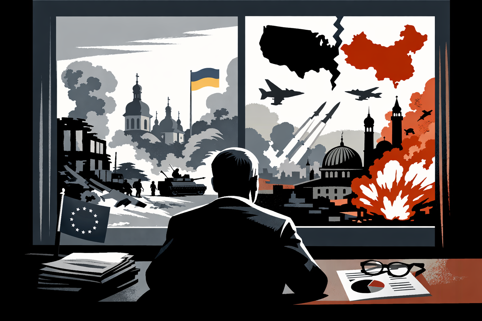 La imagen presenta la silueta, de espaldas, de un globalista mirando, desde su perspectiva, el conflicto Rusia-Ucrania.