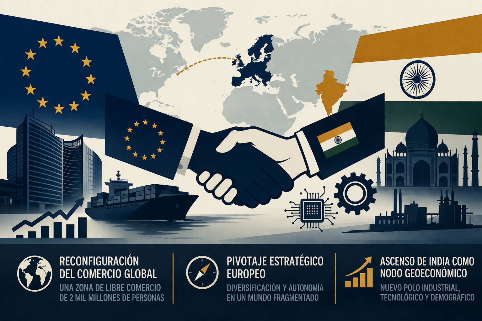 la Unión Europea e India saludan un pacto comercial que pretende reconfigurar la geoeconomía global.