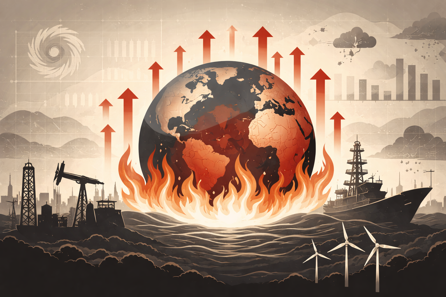 Un barco mercante y una plataforma petrolera en el mar simbolizan los efectos del cambio climático. Al fondo una imagen del planeta Tierra.