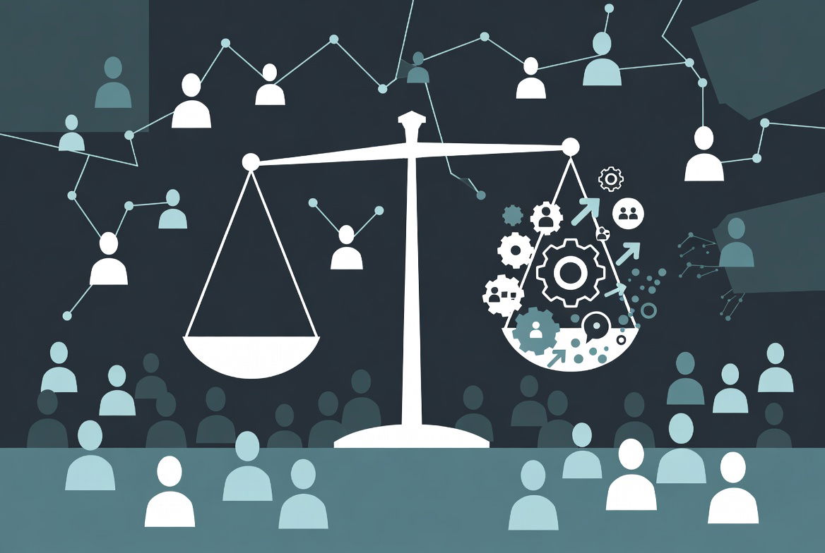 Balanza de la justicia desequilibrada: el lado de la desinformación, lleno de algoritmos y redes de influencia, pesa mucho más que el lado vacío de la verdad. Ilustración vectorial en tonos fríos de cerio que representa la captura de la esfera pública por la desinformación.