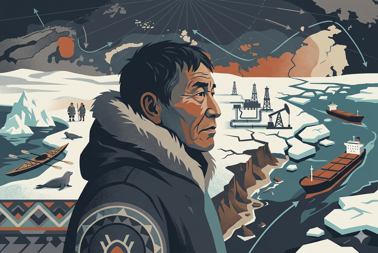 La composición muestra el contraste entre la vida tradicional indígena (izquierda) y la creciente actividad industrial y de transporte (derecha) en el Ártico en transformación.