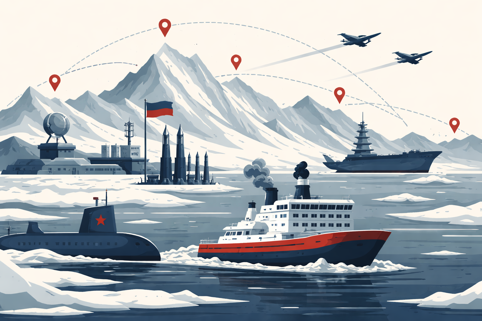 un submarino, un portaaviones, cazas y un barco rondan el Ártico, donde Rusia tiene primacía.