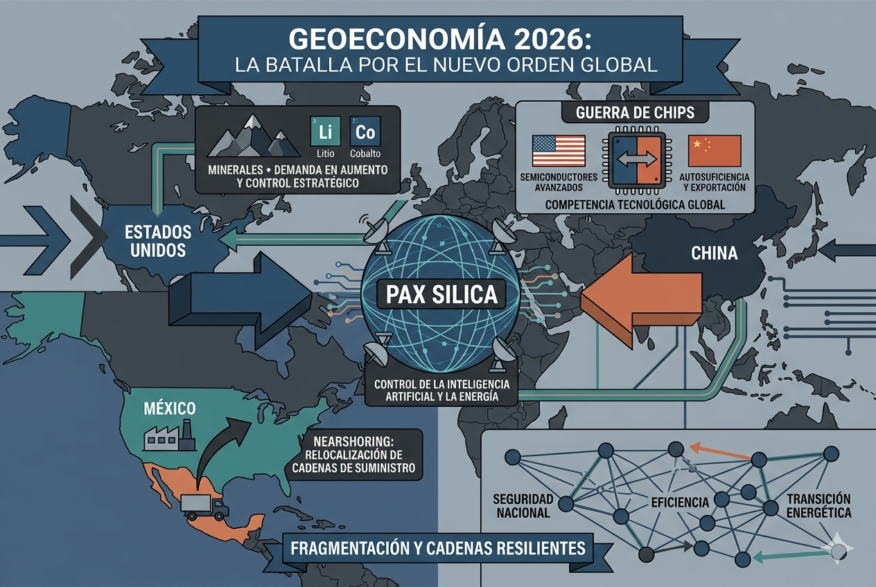 Infografía sobre Geoeconomía 2026 que muestra la competencia entre Estados Unidos y China por el control de semiconductores, minerales críticos como litio y cobalto, y el papel estratégico del nearshoring en México dentro de la Pax Silica.