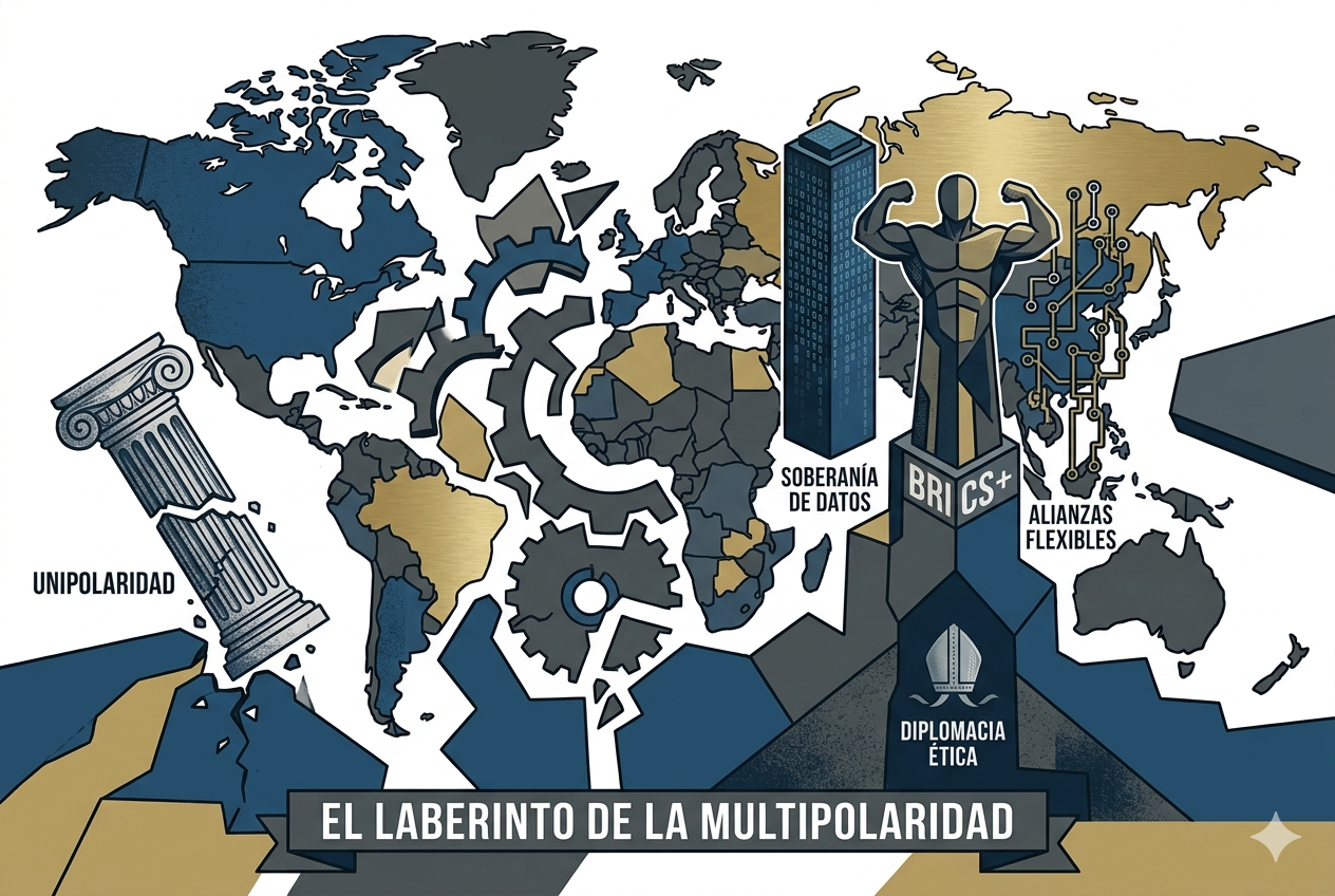 Ilustración conceptual de estilo vectorial sobre geopolítica mundial titulada "El Laberinto de la Multipolaridad". A la izquierda, una columna clásica rota simboliza el fin de la unipolaridad. En el centro, un mapamundi fragmentado con engranajes mecánicos se conecta con pilares modernos que representan los BRICS+, la soberanía de datos y la diplomacia ética. La imagen utiliza una paleta de colores sobria en tonos azul, gris y dorado, destacando la transición hacia un nuevo orden global fragmentado y tecnológico.
