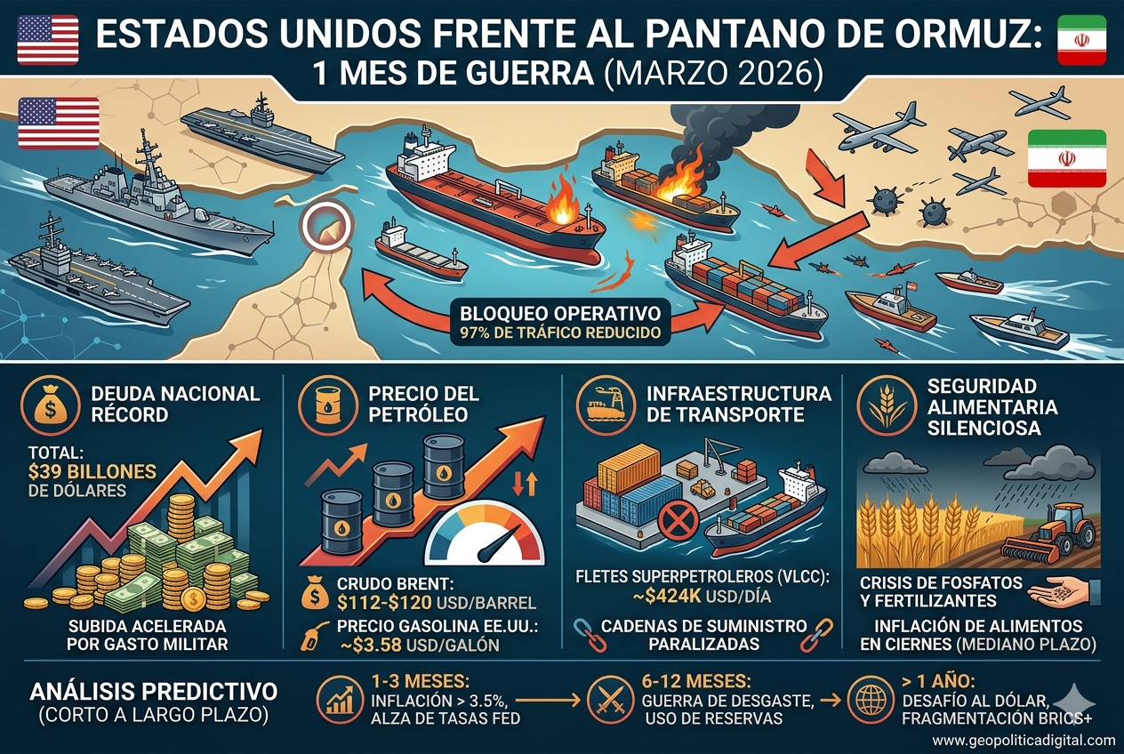 Infografía sobre la situación económica de EE. UU. tras un mes de guerra con Irán. La imagen muestra el Estrecho de Ormuz con buques militares y petroleros en llamas. En la parte inferior, cuatro paneles detallan la deuda nacional récord, el precio del Brent y gasolina, crisis en fletes de superpetroleros y cadenas de suministro, alerta de seguridad alimentaria.