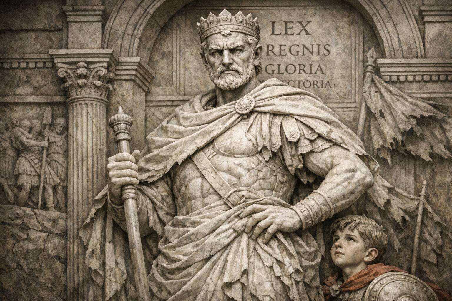 Imagen en formato escultórico clásico, en mármol, presenta a Creonte, en Antígona.