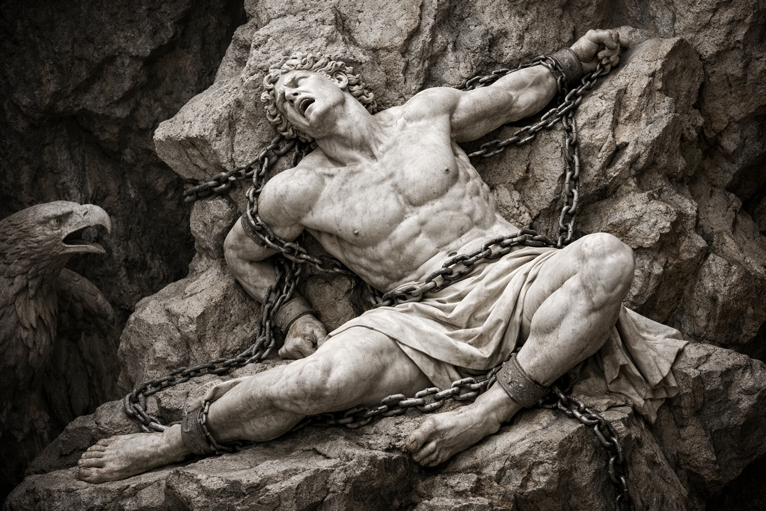 Imagen que representa a Titán, en Prometeo encadenado, en mármol clásico.