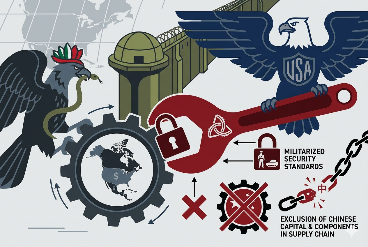 Ilustración vectorial en tonos sobrios donde el águila de EE. UU. bloquea un engranaje con el mapa de Norteamérica usando una llave inglesa. Una muralla militarizada divide la escena, mientras iconos de cadenas rotas y engranajes tachados simbolizan la exclusión de capital chino. El diseño refleja la subordinación del comercio regional a estándares de seguridad militar y un estricto control de la cadena de suministro.