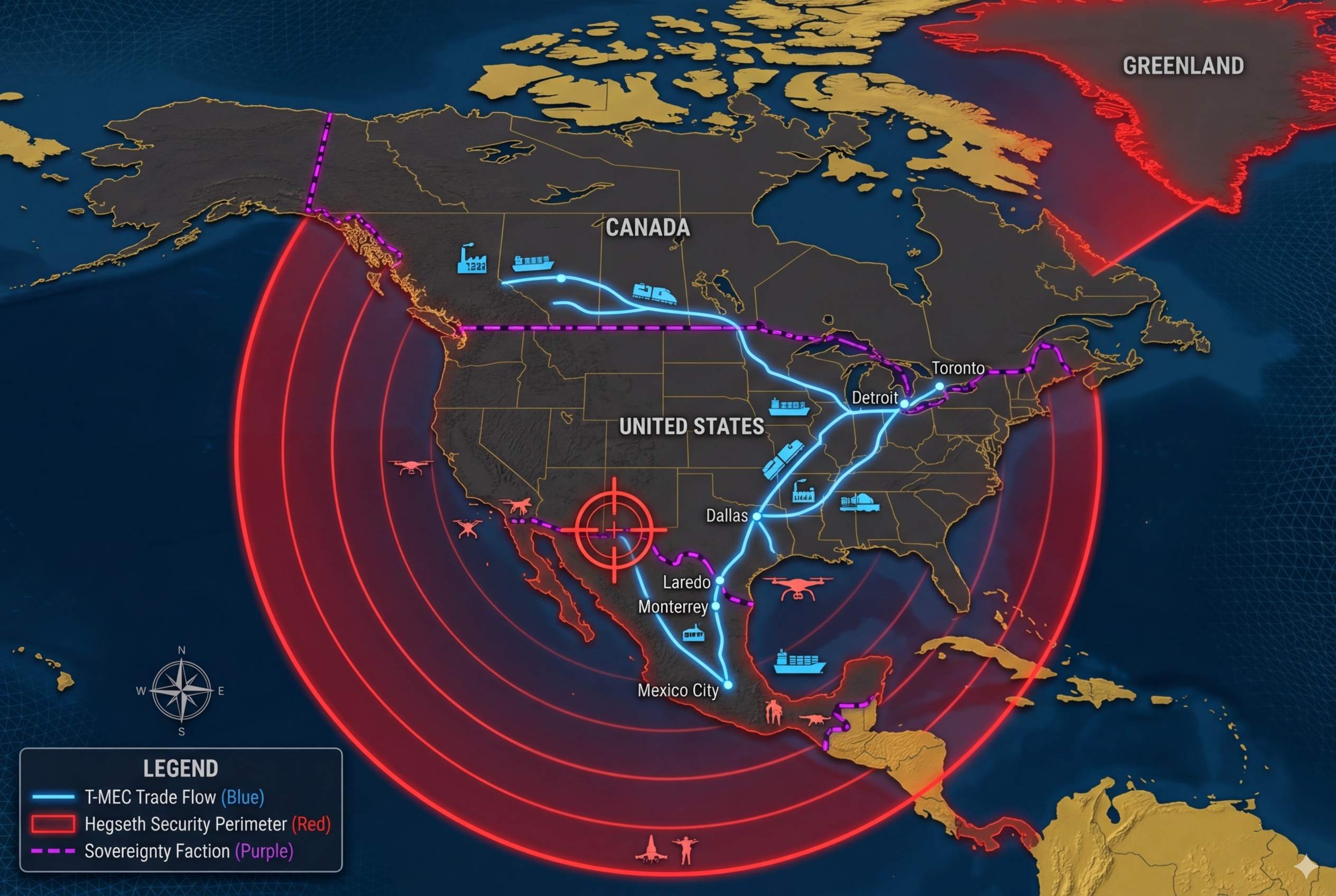 Mapa geopolítico fracturado de Norteamérica en 2026, mostrando el contraste entre las rutas comerciales azules del T-MEC y las ondas de interferencia militar rojas de la Doctrina Hegseth, bajo el título "Dilema de la Fortaleza".