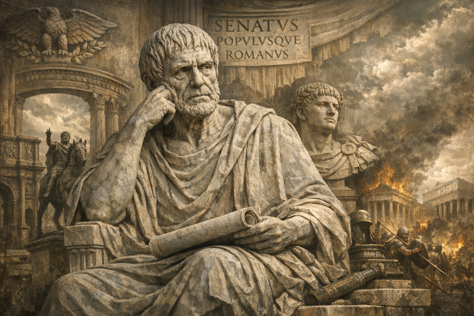 La composición muestra al filósofo en contemplación, rodeado por símbolos del poder romano: el arco del triunfo, el busto de Nerón y el águila imperial. La luz dorada contrasta con el mármol frío, recordando que la virtud —como enseñó Séneca— no necesita pedestal.
