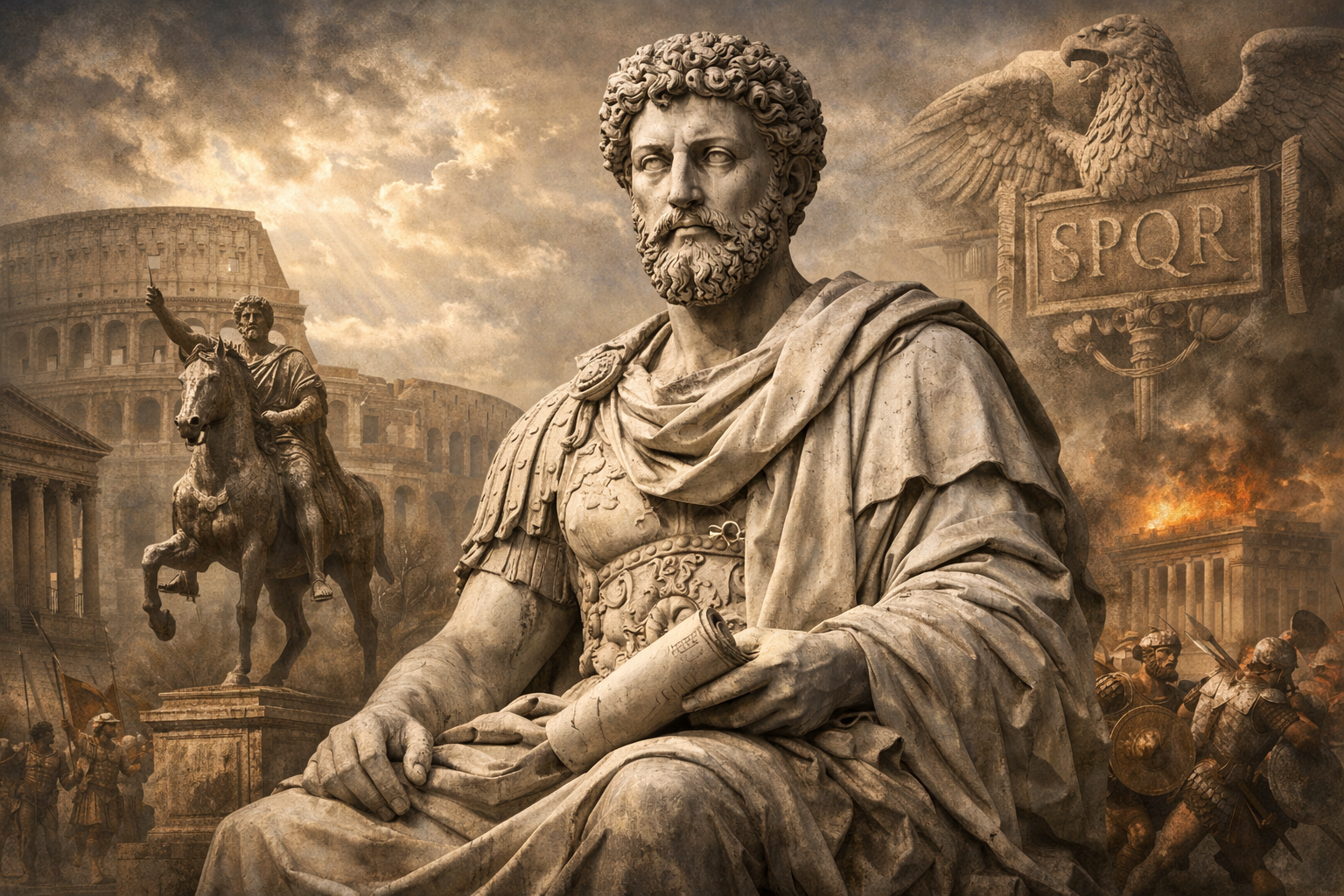Escultura clásica de Marco Aurelio, emperador estoico de Roma, símbolo de serenidad y poder interior.