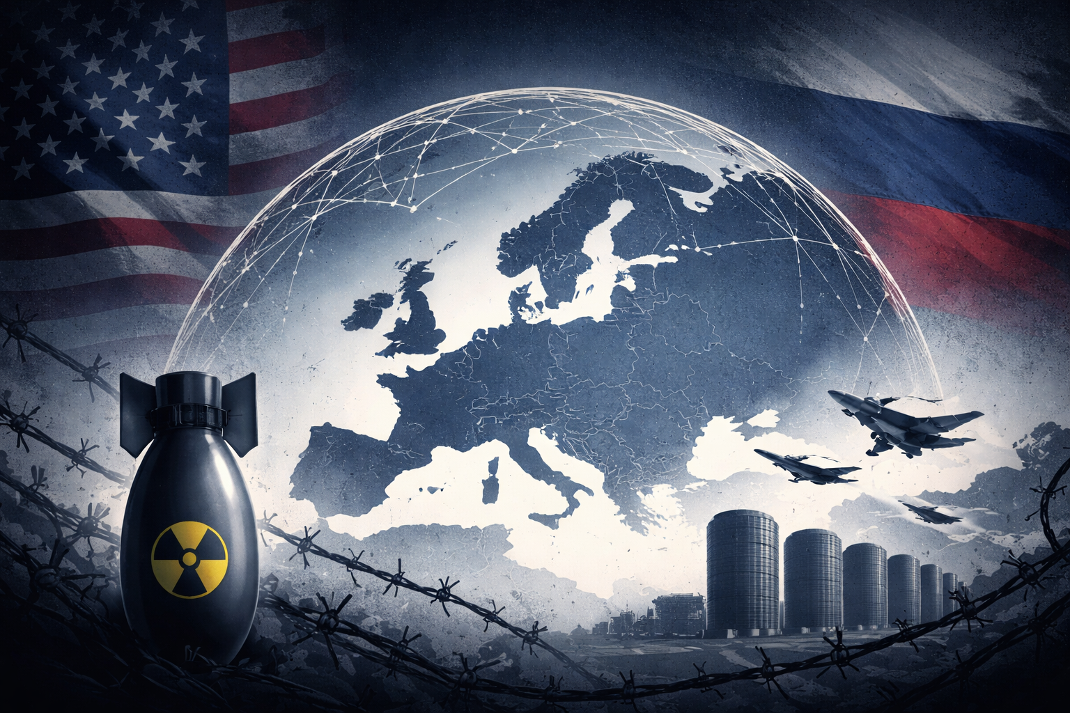 Ilustración vectorial de tono sobrio que muestra el mapa de Europa en el centro, cubierto por una cúpula translúcida que simboliza protección estratégica. A la izquierda y derecha aparecen difuminadas las banderas de Estados Unidos y Rusia, respectivamente. En primer plano se observan elementos militares como una bomba nuclear, aviones de combate y alambre de púas, sugiriendo tensión geopolítica y disuasión nuclear. La paleta de colores es limitada, dominada por tonos fríos y oscuros.