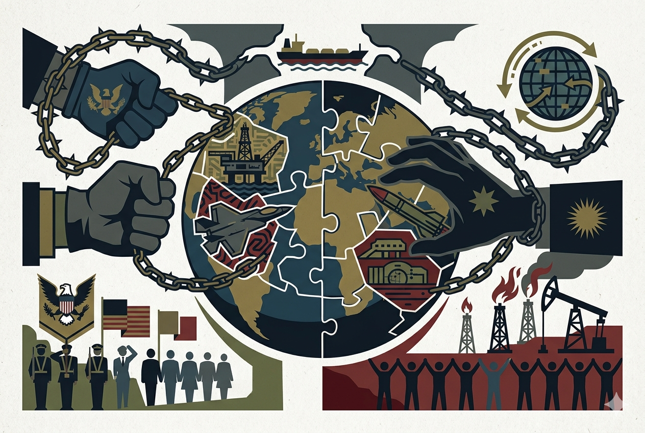 Un gráfico de propaganda política que representa una lucha global, con dos manos con cadenas y un globo terráqueo agrietado rodeado de varios iconos de guerra y opresión.