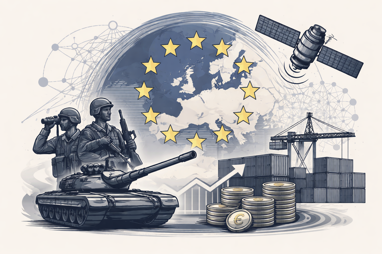 Ilustración vectorial de Europa con símbolos de defensa, economía y tecnología que representan la autonomía estratégica europea.