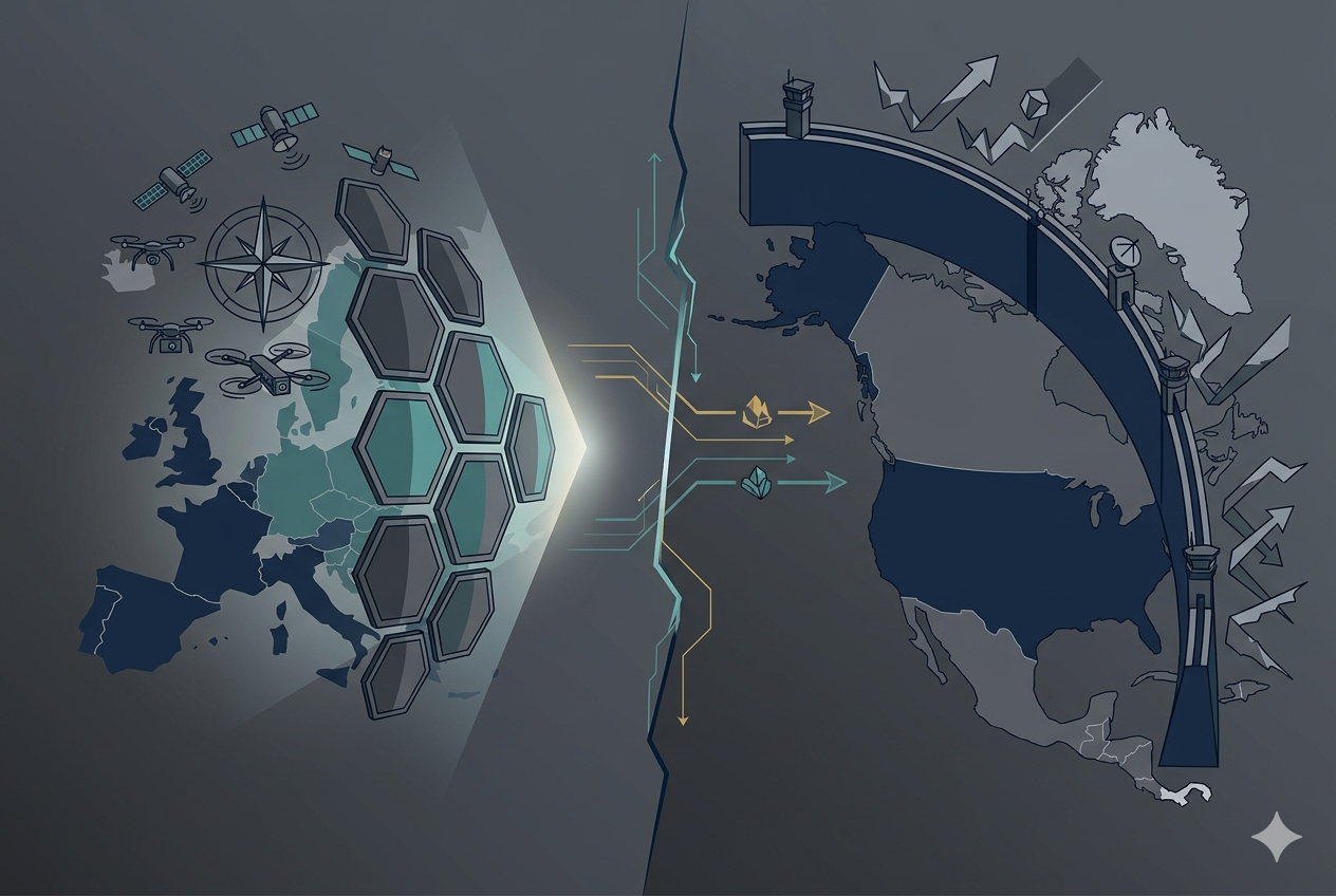 Mapa que ilustra la brecha entre el Agile Plan de la UE (hexágonos, drones y satélites) y la doctrina Greater North America (perímetro fortificado en EE. UU. y México). Una falla central divide ambos bloques, con flujos de datos y recursos en disputa.