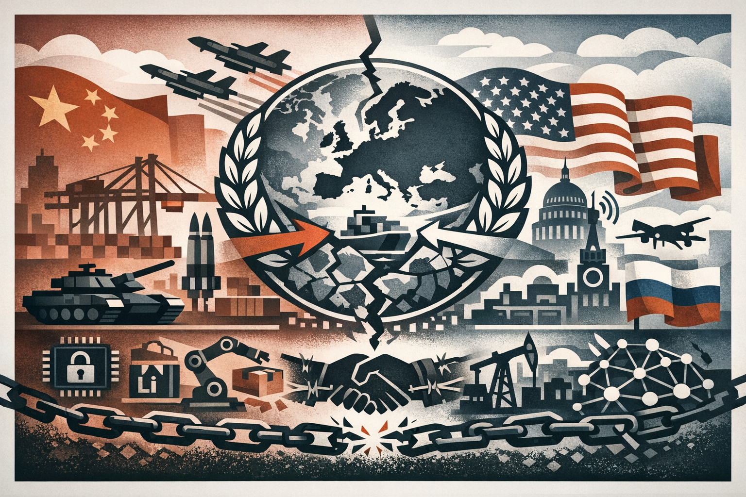 La imagen representa la tensión económica entre Estados Unidos y China, enfatiza la fractura de las cadenas de suministro. En el centro, el globo dividido simboliza la ruptura del equilibrio comercial, mientras los elementos industriales y tecnológicos reflejan la pugna por el control de sectores estratégicos.