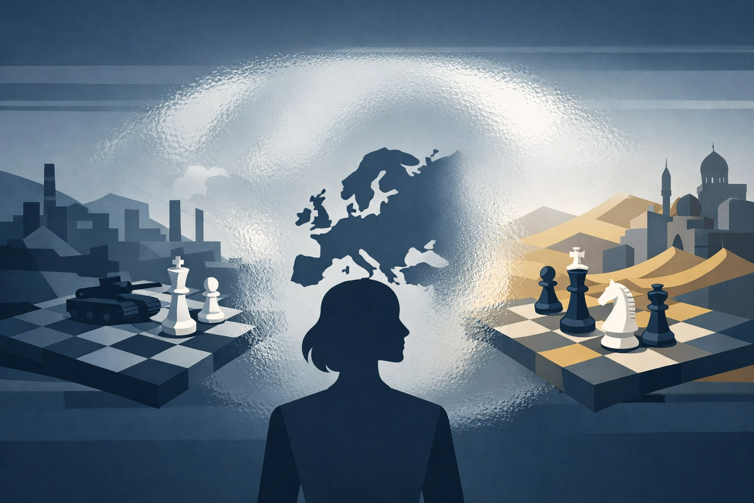 Ilustración vectorial de Europa observando con distancia y distorsión dos tableros de ajedrez que representan los conflictos en Ucrania y Oriente Medio, en un tono serio y minimalista.