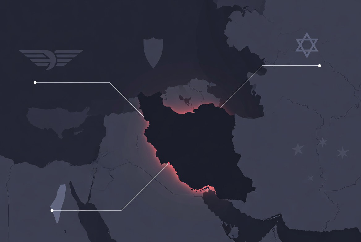 Mapa vectorial minimalista del Oriente Medio con Irán en el centro, el Estrecho de Ormuz resaltado y símbolos abstractos de Estados Unidos e Israel conectados por líneas de tensión. Representación seria y simbólica de la guerra de 2026 y el equilibrio de poder multipolar.