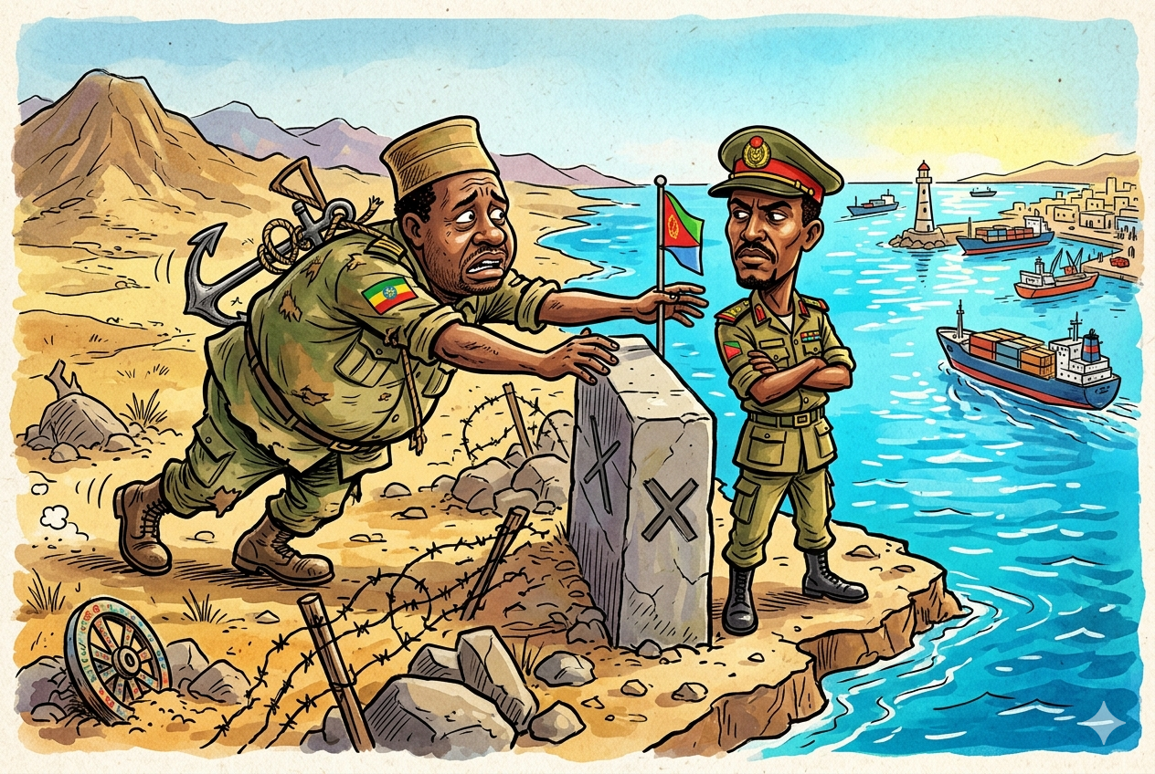Caricatura geopolítica: Etiopía, cargando un ancla, intenta cruzar una frontera hacia el Mar Rojo mientras Eritrea bloquea el paso firmemente. Refleja la tensión por el acceso soberano a puertos.