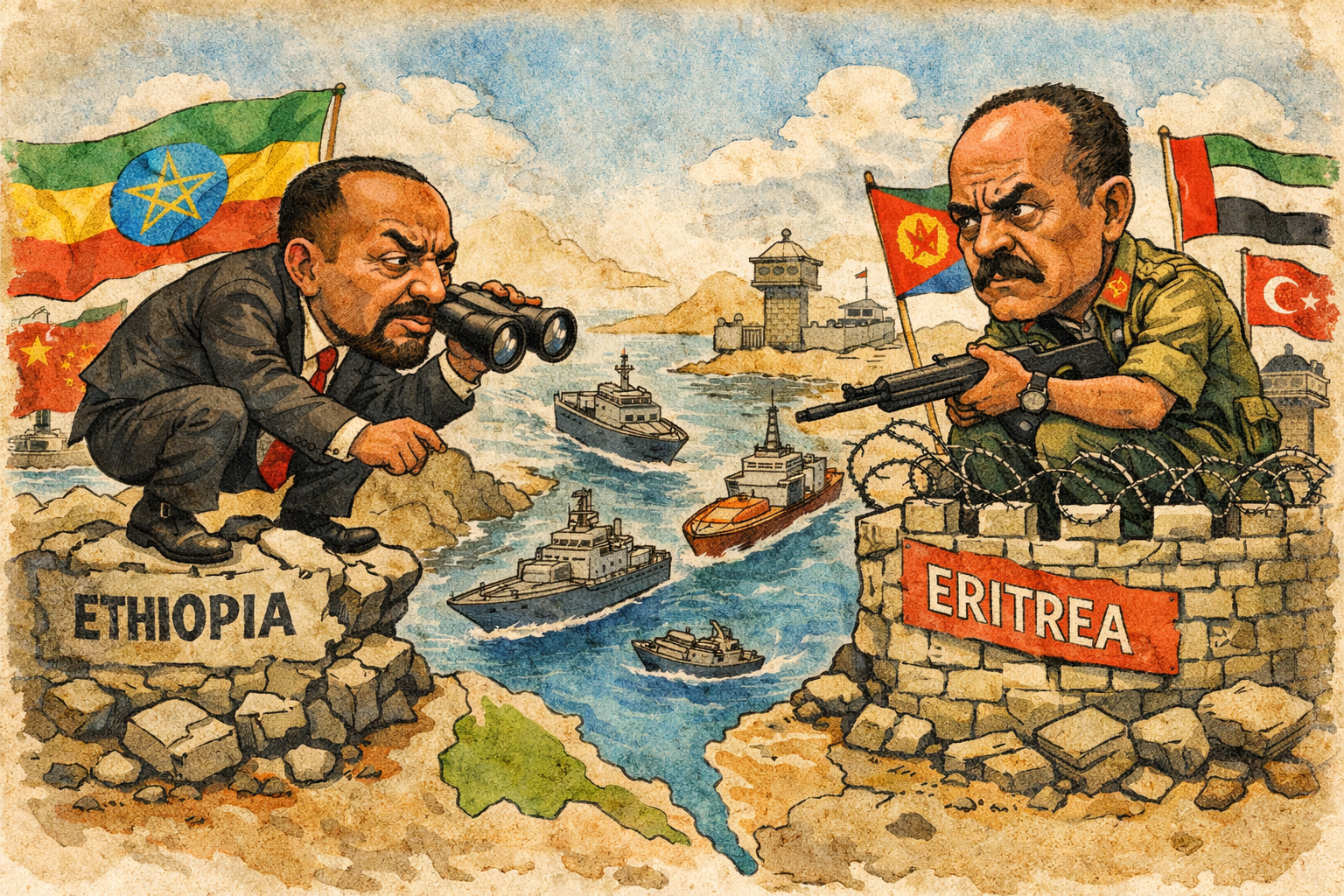 Caricatura geopolítica: Etiopía y Eritrea enfrentadas en torno al Mar Rojo, con líderes exagerados, barcos y banderas simbolizando tensión estratégica y disputa por acceso marítimo.