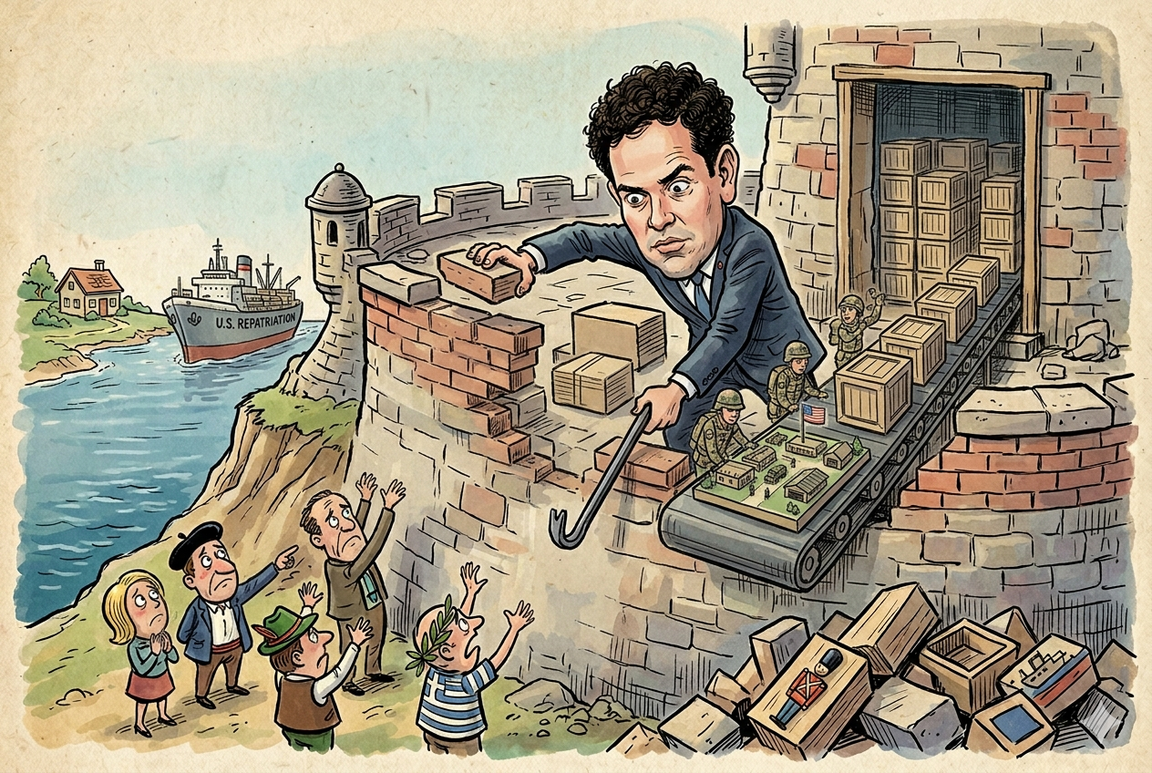 Caricatura política de Marco Rubio operando una cinta transportadora que traslada bases y suministros desde una fortaleza europea hacia un barco de repatriación estadounidense. Representantes de la Unión Europea observan con desesperación mientras el muro defensivo se debilita. Dibujo a tinta de estilo analítico.