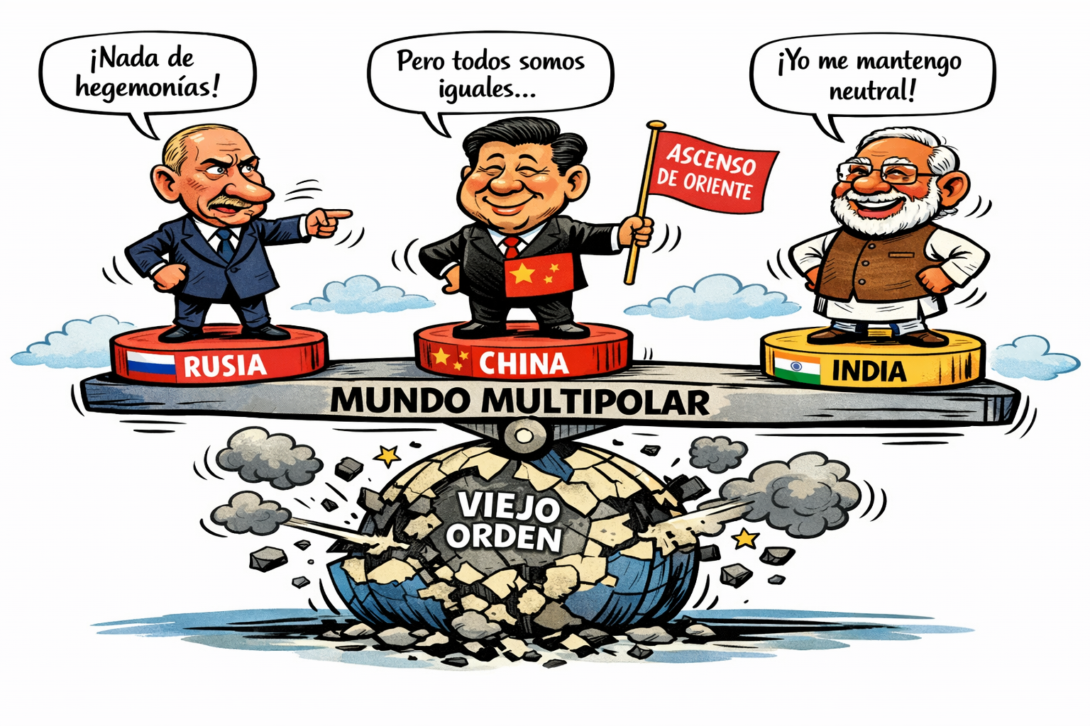 Caricatura política de Putin, Xi Jinping y Modi sobre un balancín “Mundo Multipolar”, mientras el “Viejo Orden” se derrumba bajo ellos con humor irónico y crítica global.