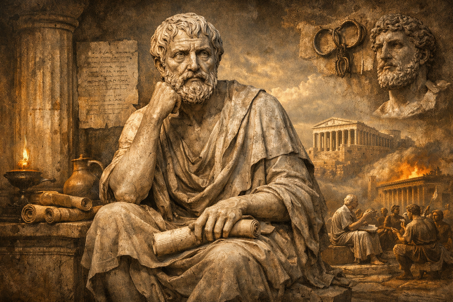 La escena lo muestra en mármol, con mirada introspectiva, rodeado de discípulos y símbolos de sabiduría: el pergamino, la lámpara y las cadenas rotas. Al fondo, el Partenón se eleva como testigo de la conciencia que trasciende el poder.