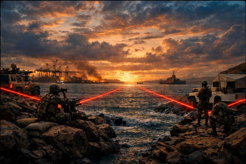 Una fotografía editorial hiperrealista en formato 3:2 que muestra una tensa escena geopolítica en la costa del Mar Rojo durante el atardecer. En primer plano, soldados con uniformes de camuflaje y equipos de observación están apostados entre rocas oscuras y vehículos militares, vigilando el horizonte.