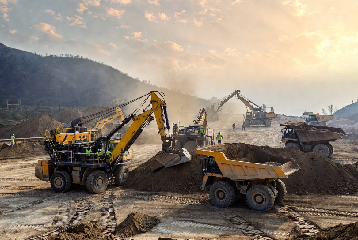 Nueva fiebre del oro: minería de minerales críticos como litio y cobalto en una gran cantera industrial al atardecer, simbolizando la batalla por el poder global.