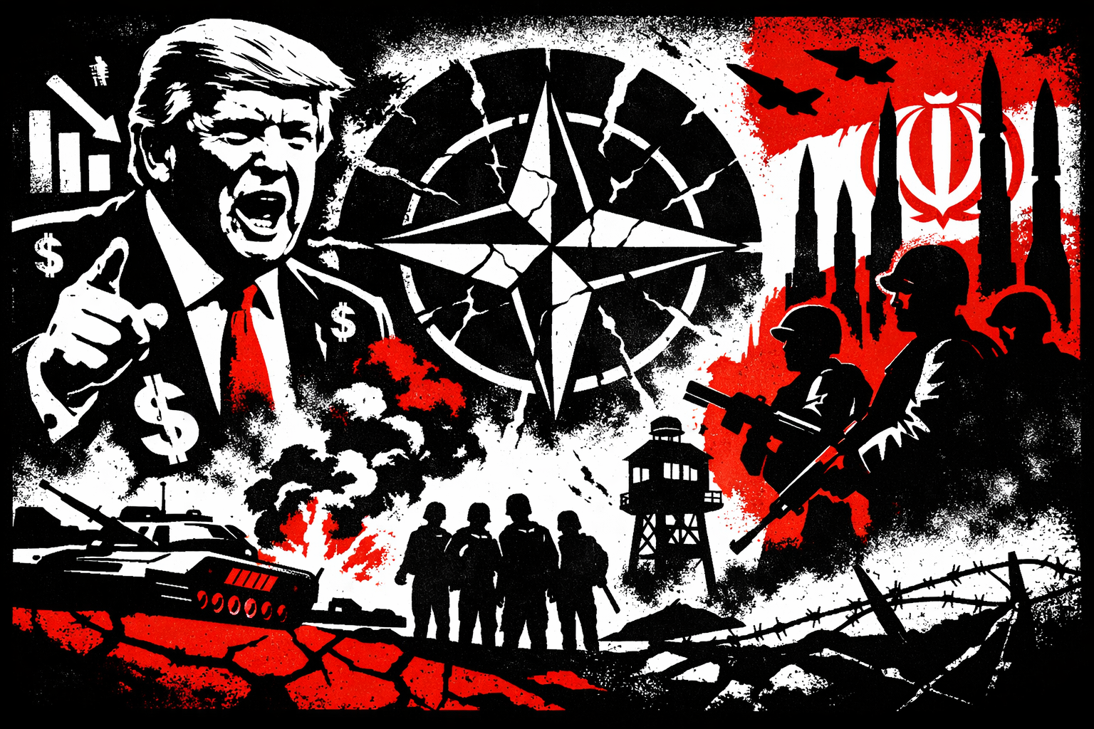 Ilustración tipo stencil en alto contraste: figura de Trump señalando, símbolo de la OTAN fracturado al centro y fuerzas iraníes a la derecha; tanques, misiles y humo sugieren tensión y debilitamiento estratégico.