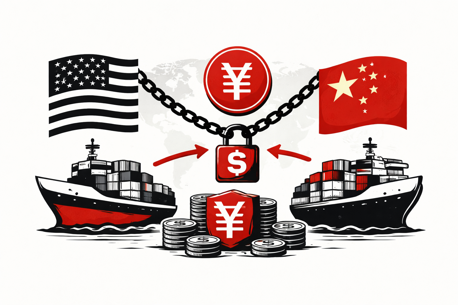 Ilustración minimalista en blanco y negro con acentos rojos: dos buques comerciales enfrentados simbolizan a EE.UU. y Rusia, conectados por flujos comerciales hacia un símbolo central del yuan, representando tensiones geoeconómicas y sanciones.