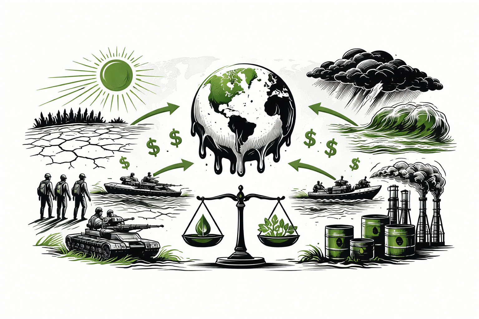 Ilustración minimalista en blanco y negro con acentos verdes: figuras humanas, buques y recursos flanquean una balanza central, simbolizando el cambio climático como multiplicador de riesgos que tensiona recursos y reconfigura el equilibrio geopolítico global.