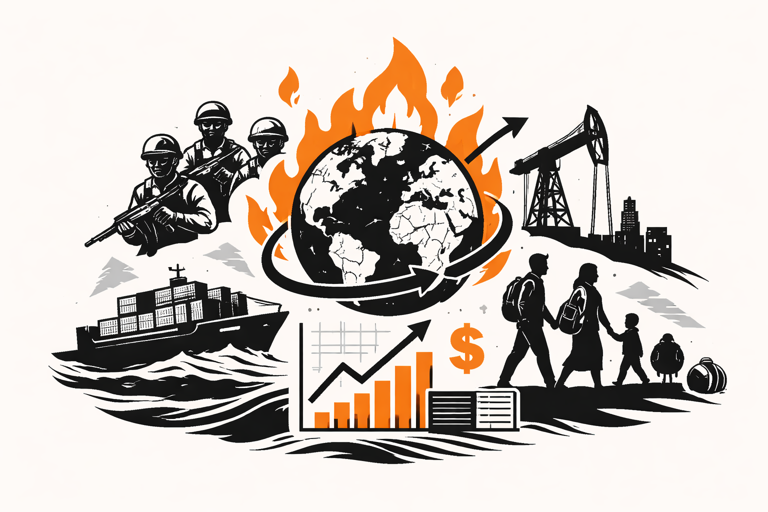 Ilustración minimalista en blanco y negro con acentos naranjas: el planeta en el centro rodeado de fuego, símbolos de economía, energía, migración y conflicto sobre fondo blanco.