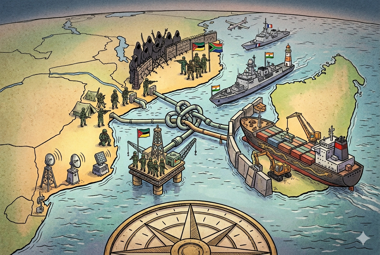Ilustración editorial del Canal de Mozambique: un mapa 3D muestra barcos de India y China, una plataforma de GNL custodiada y un nudo en las tuberías que simboliza la tensión por los recursos.