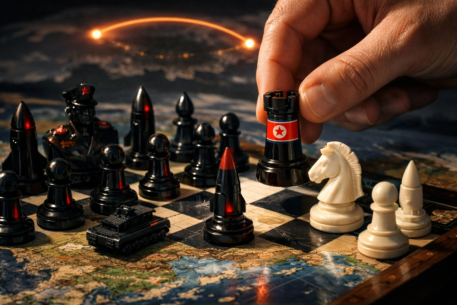 Tablero de ajedrez 3D sobre mapa de Eurasia. Una mano mueve una torre negra con bandera norcoreana bloqueando piezas blancas. Estilo cinematográfico con misiles y sombras dramáticas.