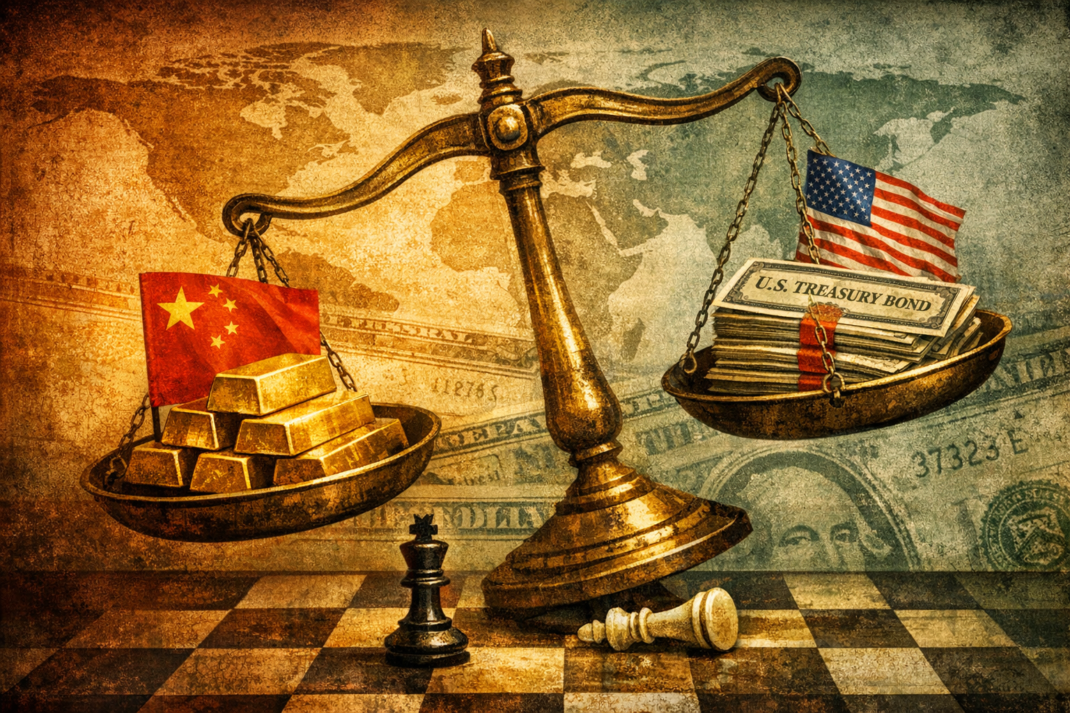 Ilustración conceptual: una balanza dorada inclinada hacia China, con lingotes y bandera roja frente a bonos del Tesoro y bandera estadounidense, sobre mapa y tablero de ajedrez geopolítico.