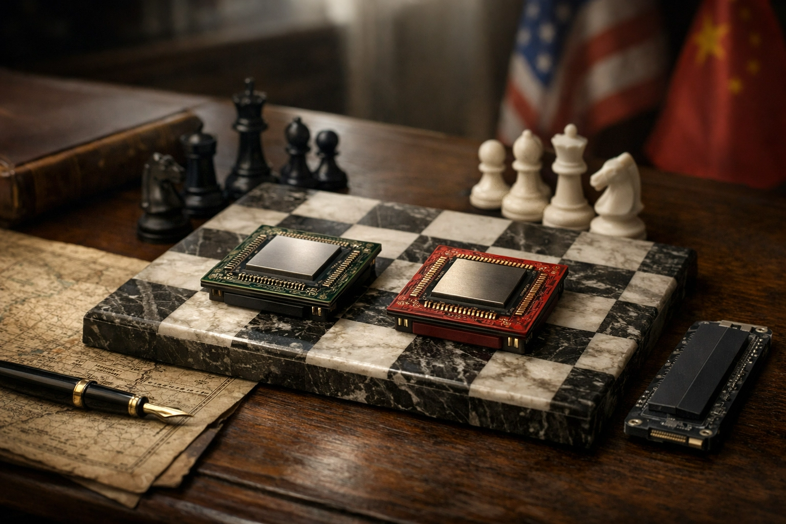 Microchips en un tablero de ajedrez, simbolizando la guerra tecnológica y el dominio estratégico entre Estados Unidos y China. Ambiente sobrio y no futurista.