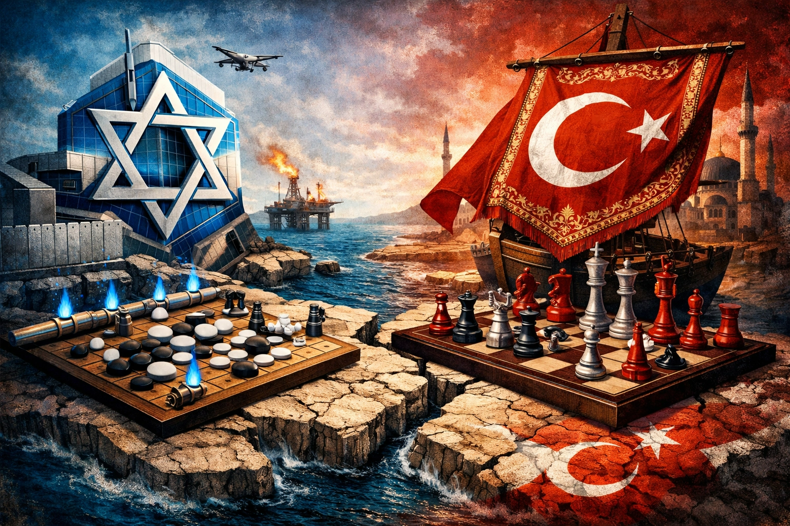 Ilustración editorial de la rivalidad Israel-Turquía: una balanza geopolítica con tableros de ajedrez y Go, símbolos nacionales, drones y plataformas de gas sobre un mapa del Mediterráneo en tensión.