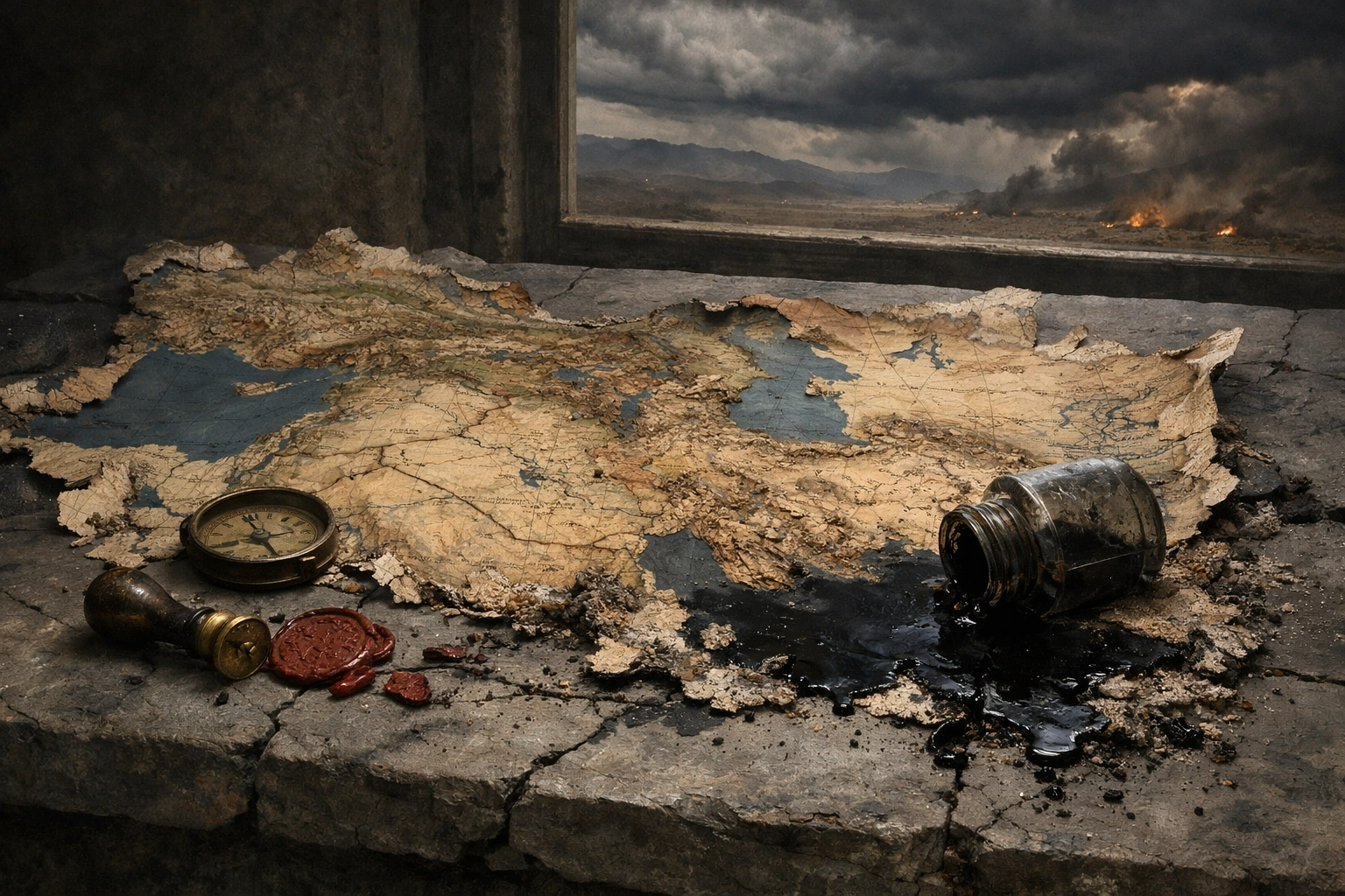 Mapa antiguo de Oriente Medio desgarrado sobre piedra agrietada, con un tintero volcado y sellos rotos. Simboliza el colapso del orden regional bajo un cielo tormentoso. Sobrio y realista.