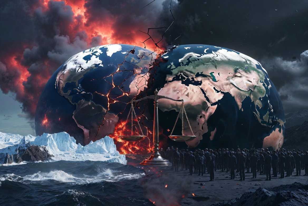 Ilustración conceptual del cambio climático y la geopolítica como riesgos globales interconectados. Un planeta Tierra agrietado y en llamas se inclina sobre una balanza del poder desequilibrada, mientras figuras humanas observan la reconfiguración del orden mundial.