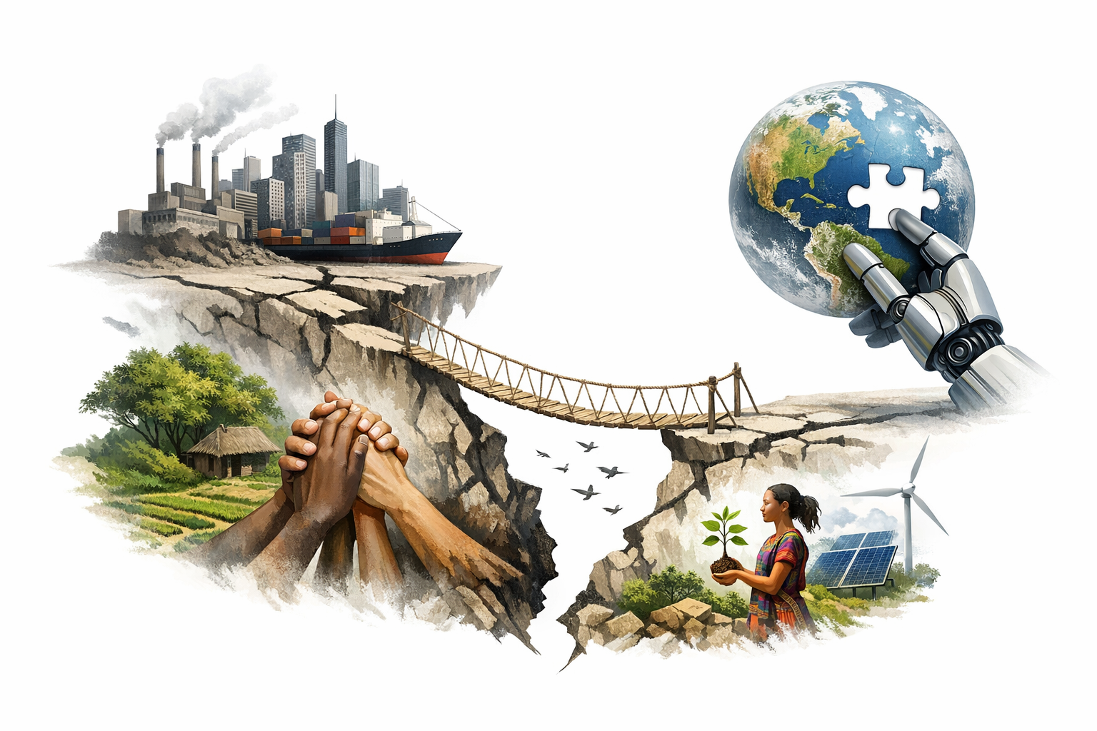 Ilustración conceptual del Sur Global y el Norte Global: manos unidas, naturaleza y tecnología conectadas por un puente que representa cooperación, autonomía y equilibrio planetario.