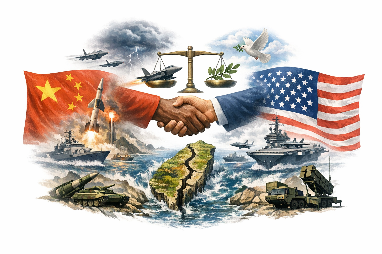 Ilustración del conflicto geopolítico entre China, Taiwán y EE. UU. La isla dividida entre poder militar y diplomacia, con una balanza que simboliza el frágil equilibrio entre guerra y paz.